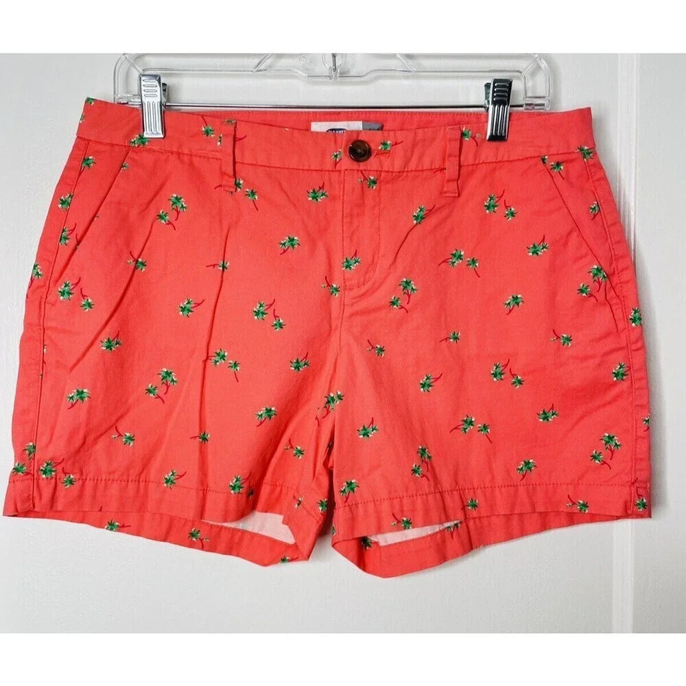 Old Navy Womens Sz 6 Chino Shorts Pink Palm Tree Print 100% Cotton Pockets